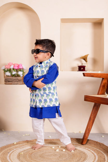 Azure Aura - Boys Blue Floral Jacket With Blue Kurta And White Pajama