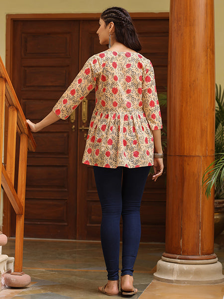 Beige Cotton Ethnic Printed Embellished Top