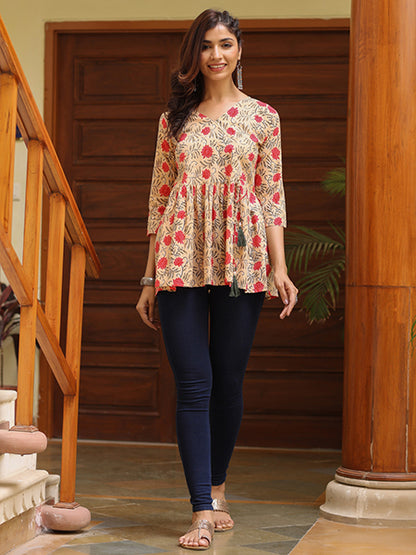 Beige Cotton Ethnic Printed Embellished Top