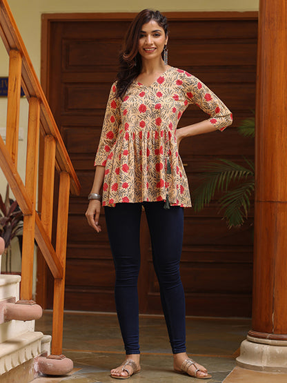 Beige Cotton Ethnic Printed Embellished Top