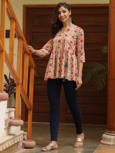 Beige Cotton Ethnic Printed Embellished Top