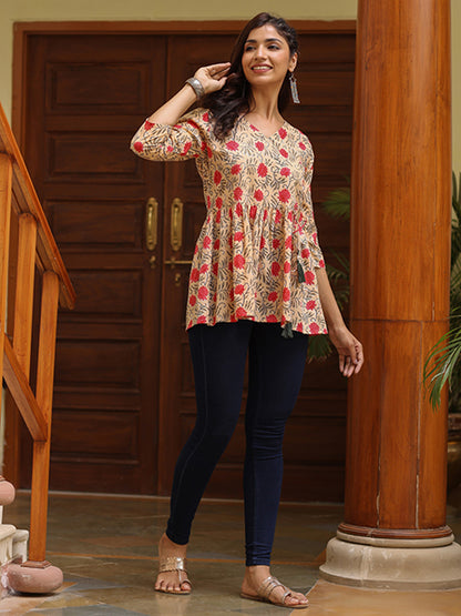 Beige Cotton Ethnic Printed Embellished Top