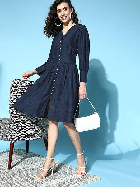 Self Weave Rayon Puff Sleeves Dress