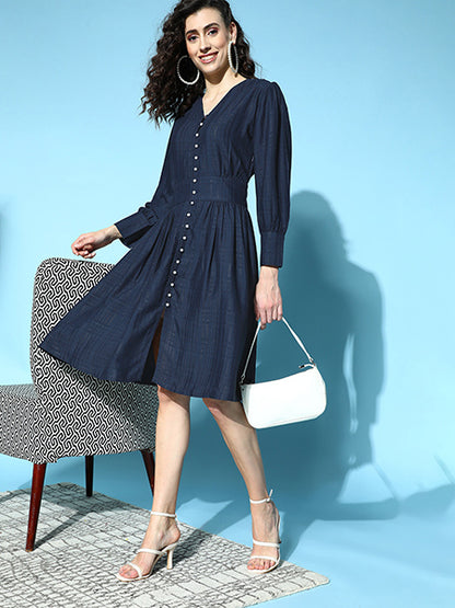 Self Weave Rayon Puff Sleeves Dress