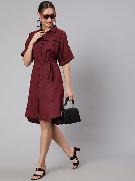 Maroon Self Weaved Shirt Collar Dress