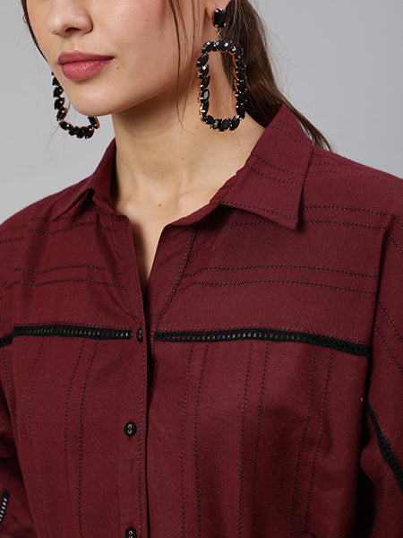 Maroon Self Weaved Shirt Collar Dress