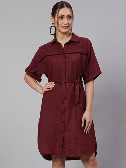 Maroon Self Weaved Shirt Collar Dress