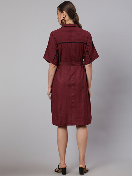 Maroon Self Weaved Shirt Collar Dress