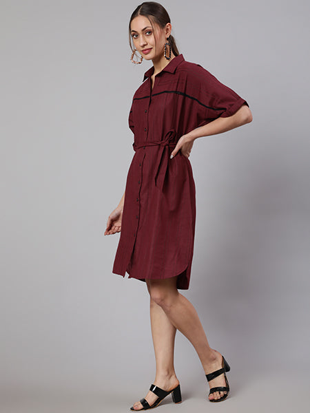 Maroon Self Weaved Shirt Collar Dress