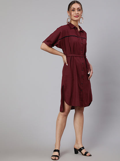 Maroon Self Weaved Shirt Collar Dress