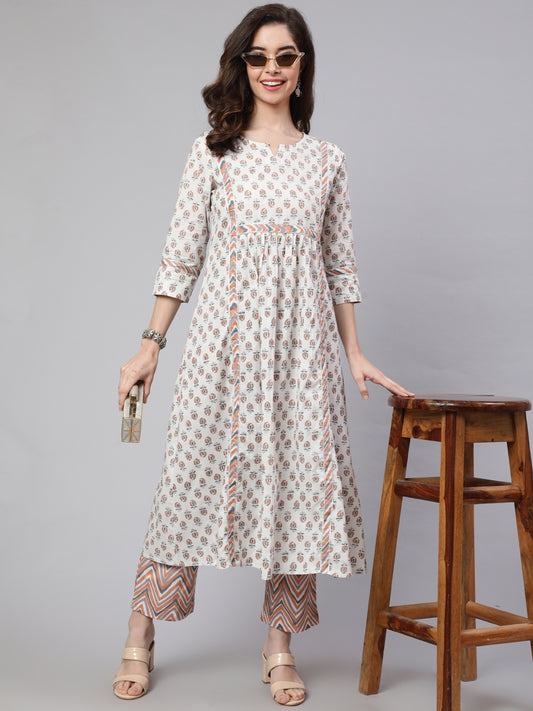 White & Peach Flared Cotton Kurta With Printed Palazzo