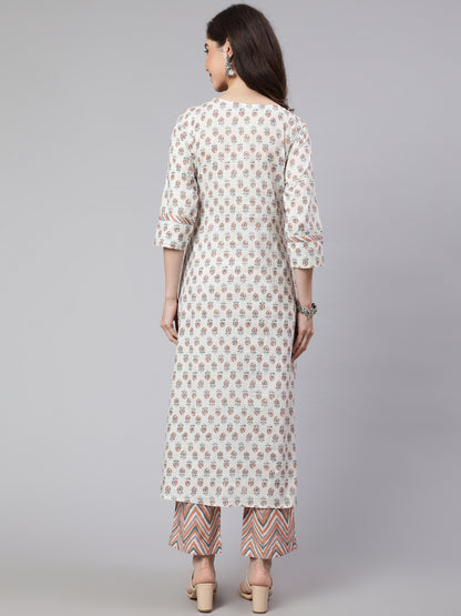 White & Peach Flared Cotton Kurta With Printed Palazzo