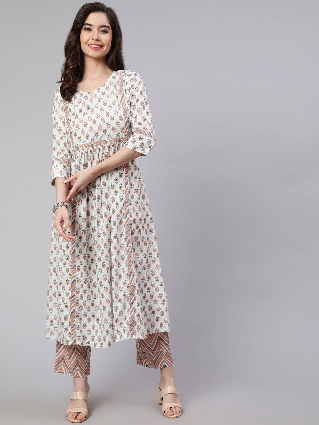 White & Peach Flared Cotton Kurta With Printed Palazzo