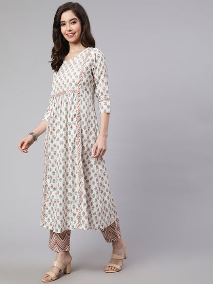 White & Peach Flared Cotton Kurta With Printed Palazzo