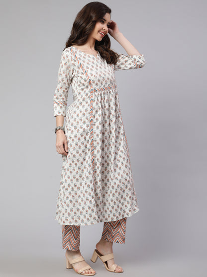 White & Peach Flared Cotton Kurta With Printed Palazzo