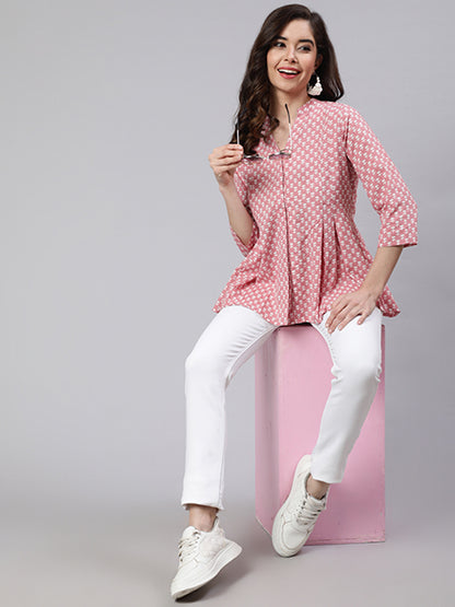 Pink Woven Printed Pleated Top