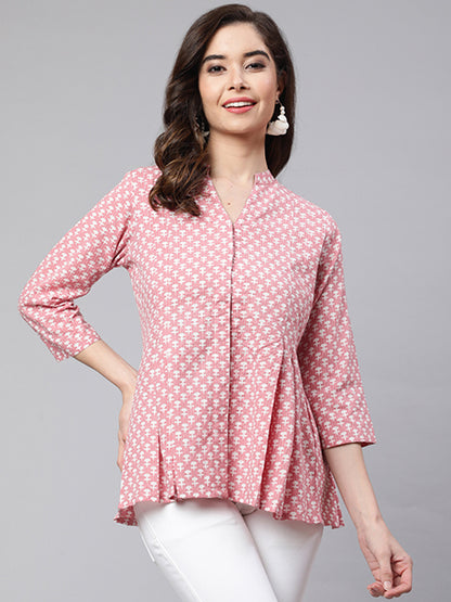 Pink Woven Printed Pleated Top