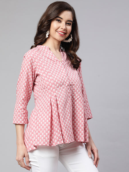 Pink Woven Printed Pleated Top