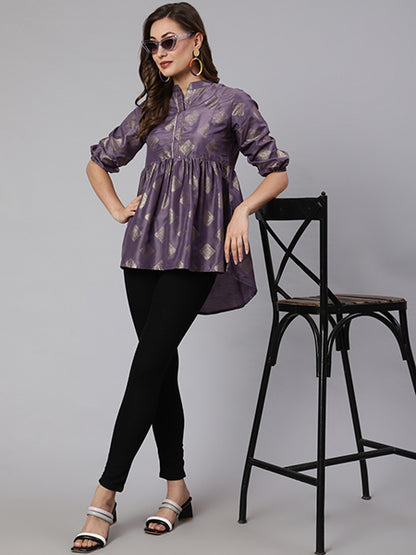 Lilac Woven Silk Blend Gold Printed Peplum Hip-Low Top