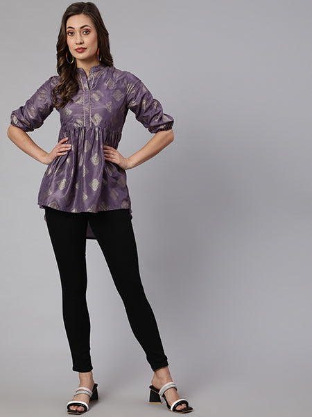 Lilac Woven Silk Blend Gold Printed Peplum Hip-Low Top