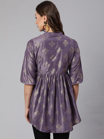 Lilac Woven Silk Blend Gold Printed Peplum Hip-Low Top