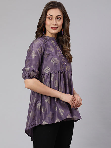 Lilac Woven Silk Blend Gold Printed Peplum Hip-Low Top