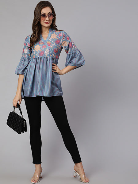 Grey Woven Silk Blend Peplum Top