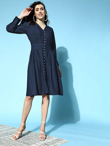 Self Weave Rayon Puff Sleeves Dress