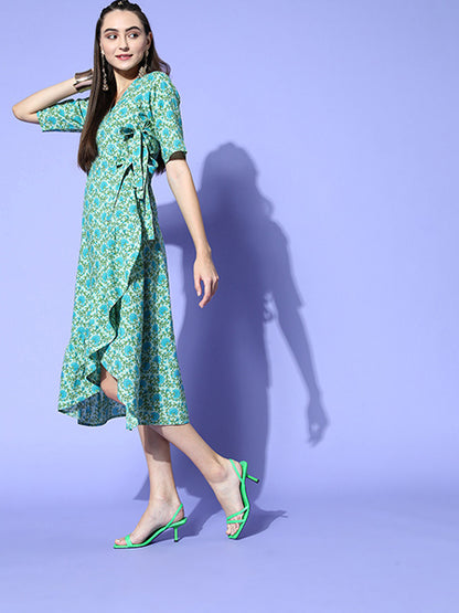 Green Floral Cotton Embroidered Flared Dress With Short Sleeves & Tie-Up Belt