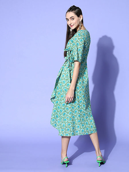 Green Floral Cotton Embroidered Flared Dress With Short Sleeves & Tie-Up Belt