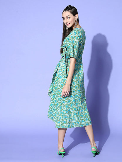 Green Floral Cotton Embroidered Flared Dress With Short Sleeves & Tie-Up Belt