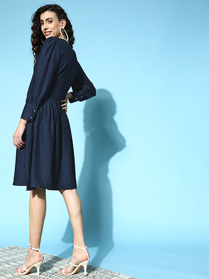 Self Weave Rayon Puff Sleeves Dress