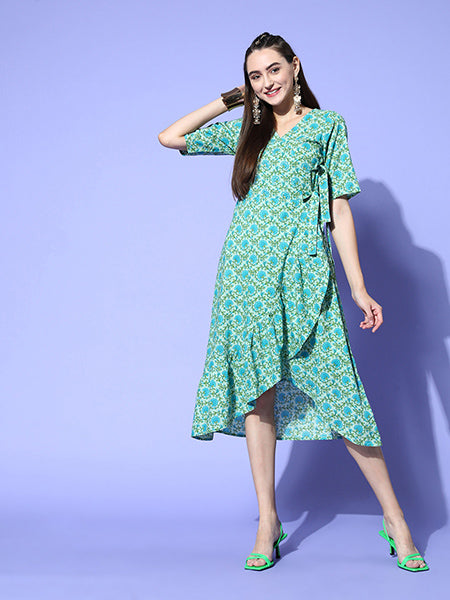 Green Floral Cotton Embroidered Flared Dress With Short Sleeves & Tie-Up Belt