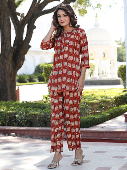 Brown Cotton Dabu Printed Lace Embellished Loungewear