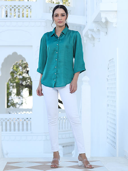 Green Color Silk Blend Solid Shirt With Puffed Sleeves And Front Opening