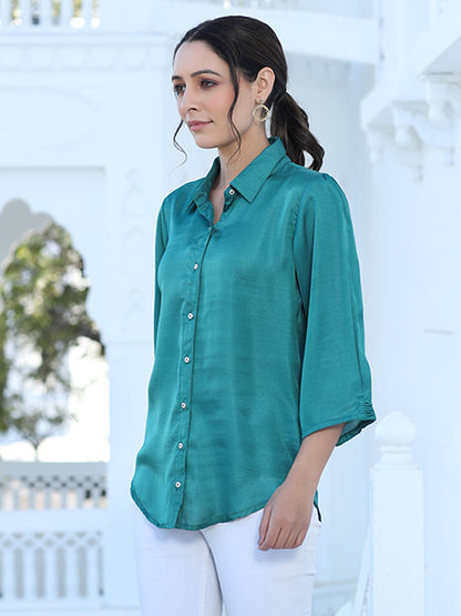 Green Color Silk Blend Solid Shirt With Puffed Sleeves And Front Opening