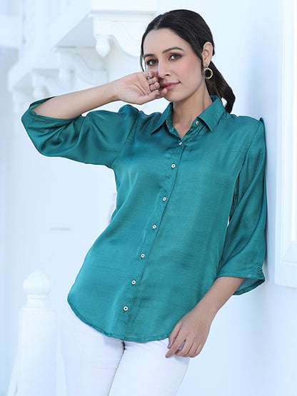 Green Color Silk Blend Solid Shirt With Puffed Sleeves And Front Opening