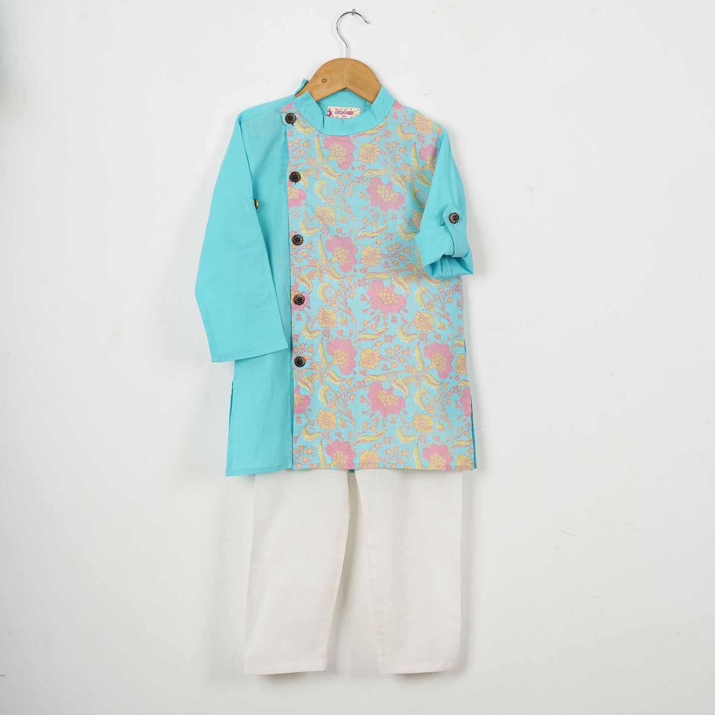 Boys Sky Blue Floral Side Button Kurta With Off White Pajama