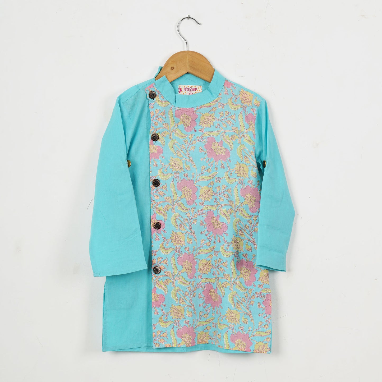 Boys Sky Blue Floral Side Button Kurta With Off White Pajama