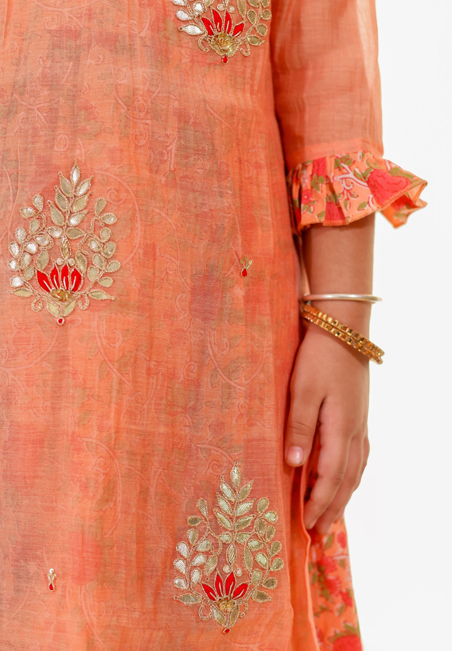 Peach Blossom - Girls Pastel Orange Chanderi Kurti with Gota Patti Handwork with Inner Printed Cotton Dress