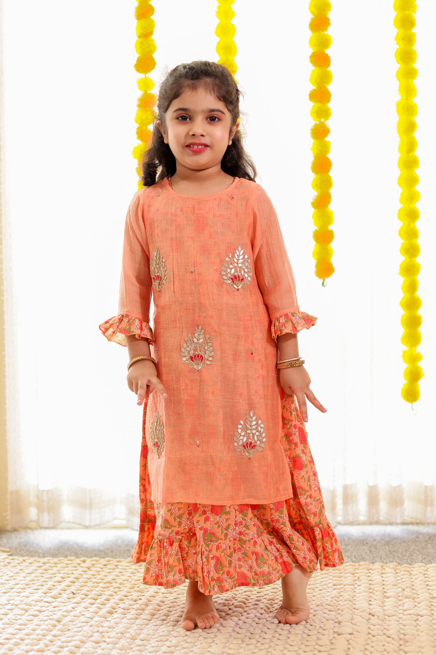 Peach Blossom - Girls Pastel Orange Chanderi Kurti with Gota Patti Handwork with Inner Printed Cotton Dress