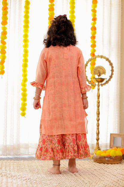 Peach Blossom - Girls Pastel Orange Chanderi Kurti with Gota Patti Handwork with Inner Printed Cotton Dress