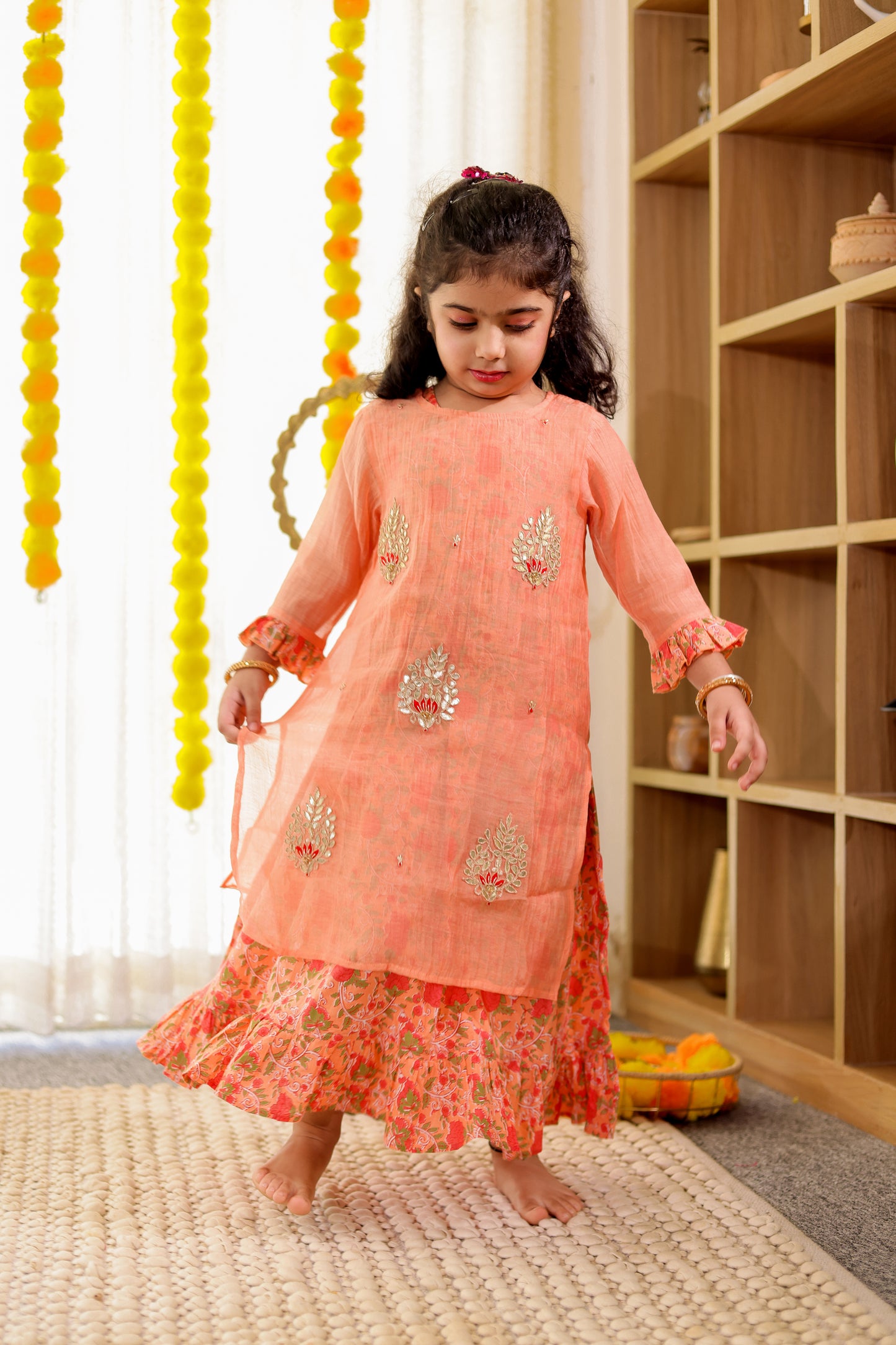 Peach Blossom - Girls Pastel Orange Chanderi Kurti with Gota Patti Handwork with Inner Printed Cotton Dress