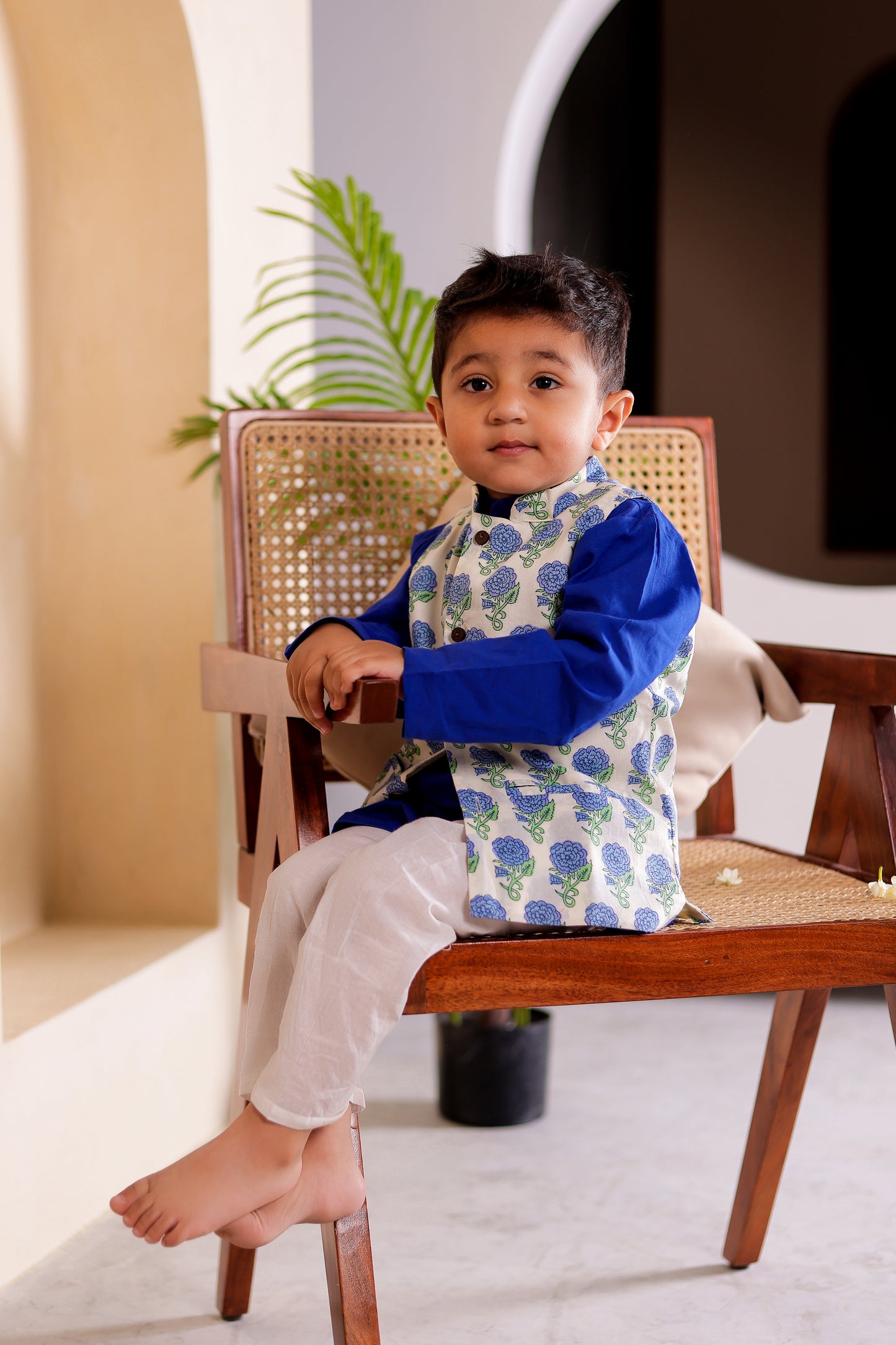 Azure Aura - Boys Blue Floral Jacket With Blue Kurta And White Pajama