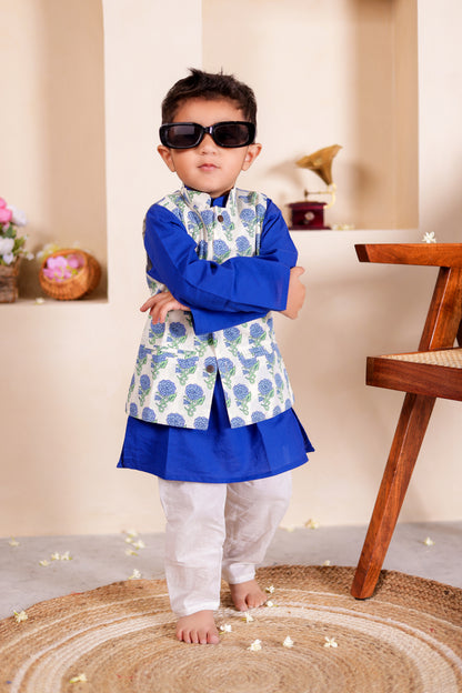 Azure Aura - Boys Blue Floral Jacket With Blue Kurta And White Pajama