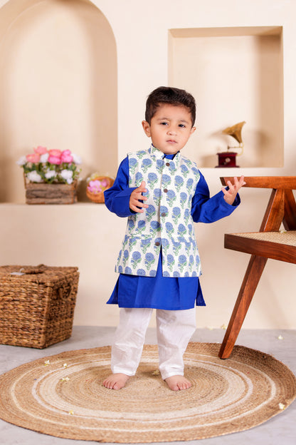 Azure Aura - Boys Blue Floral Jacket With Blue Kurta And White Pajama