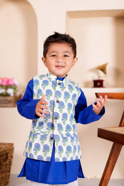 Azure Aura - Boys Blue Floral Jacket With Blue Kurta And White Pajama