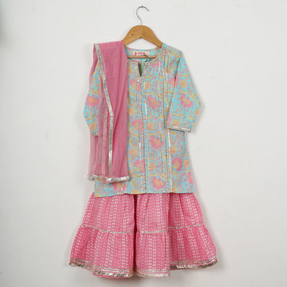 Girls Skyblue Floral Kurti With Pink Sharara And Dupatta