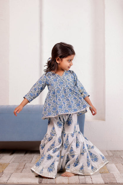 Indigo Blooms - Blue & White Floral Angrakha Kurti with Sharara