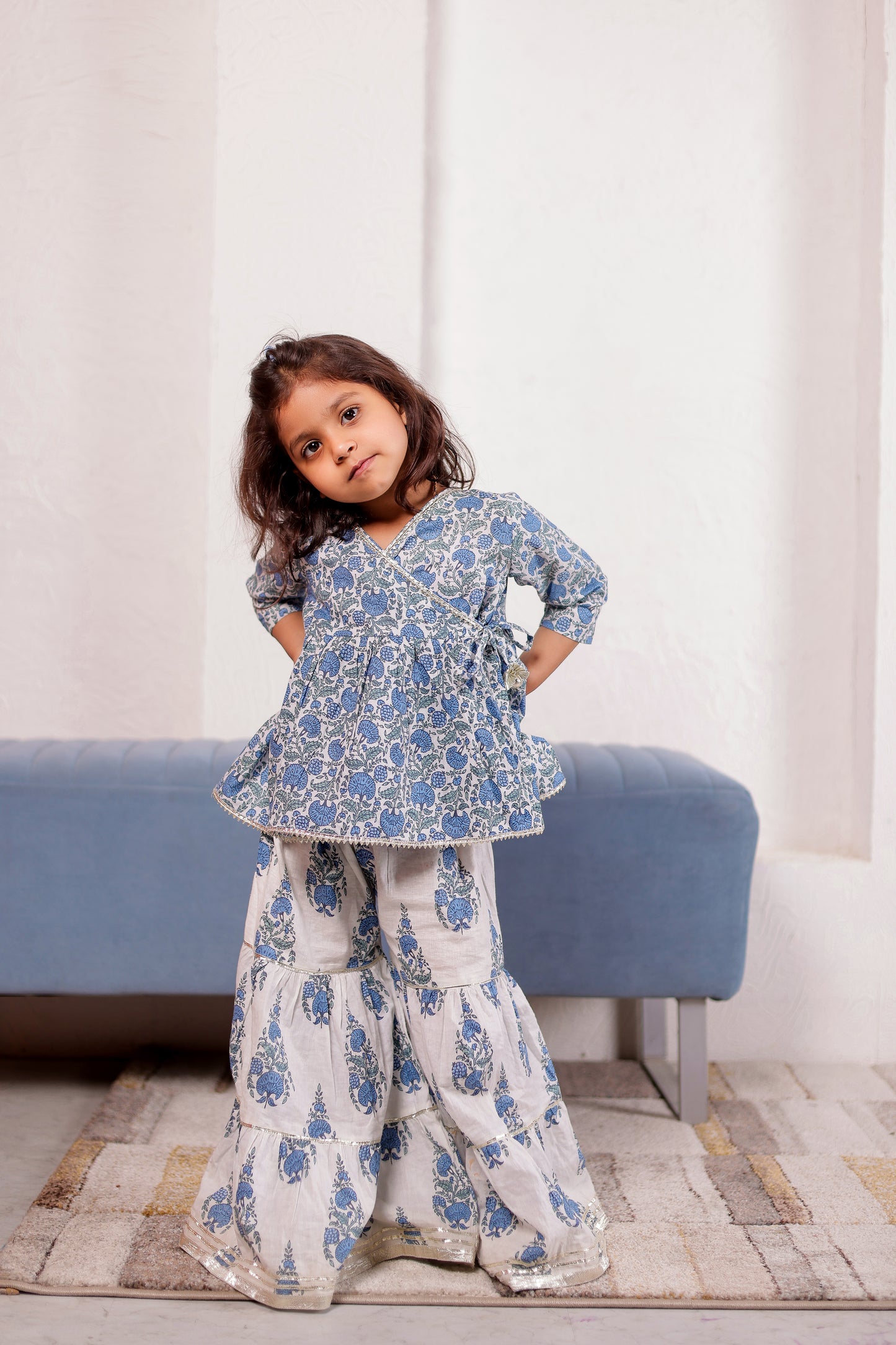 Indigo Blooms - Blue & White Floral Angrakha Kurti with Sharara